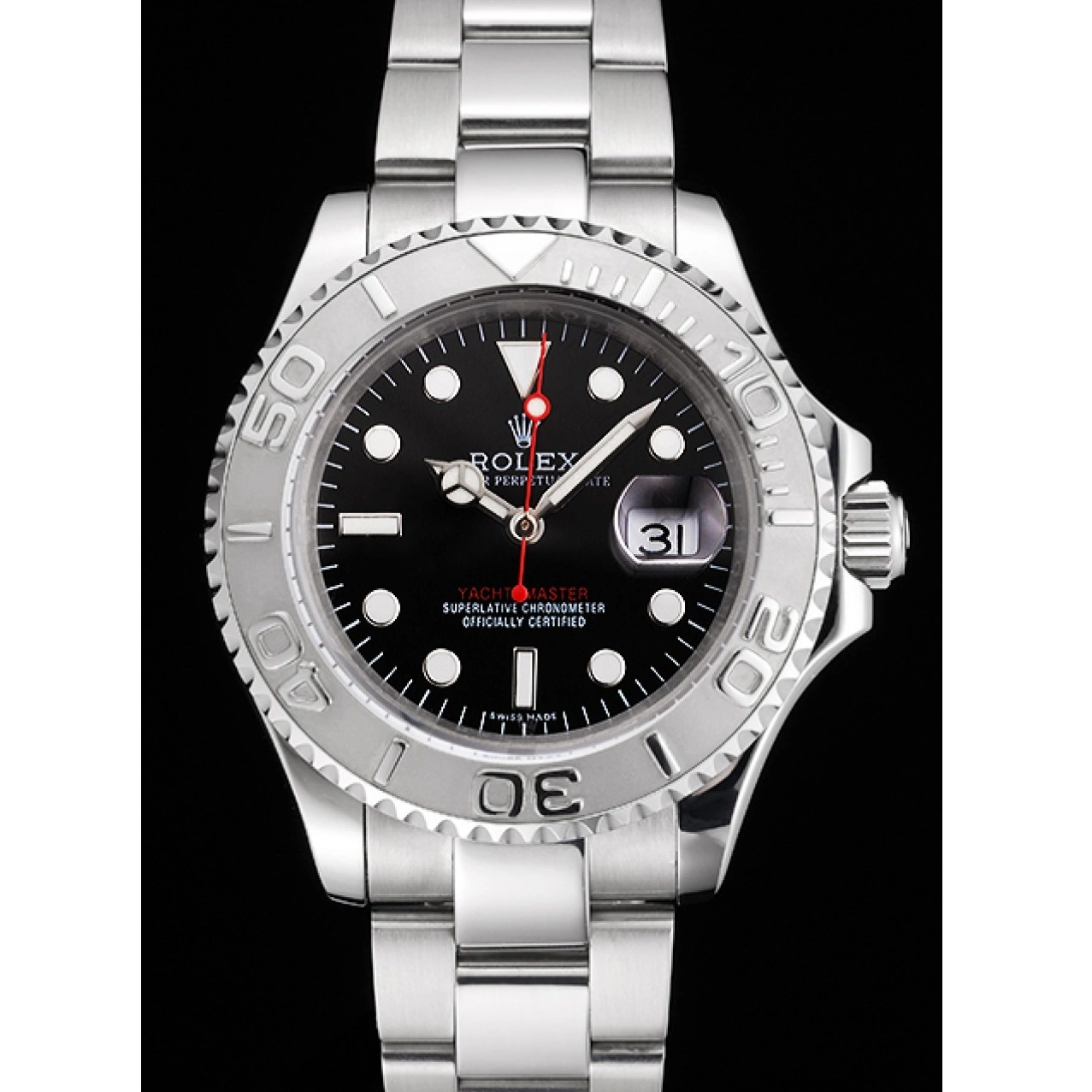 Aaa replica watch And Stainless Dial Bracelet Yacht-Master Black Swiss Case Rolex Steel 0815